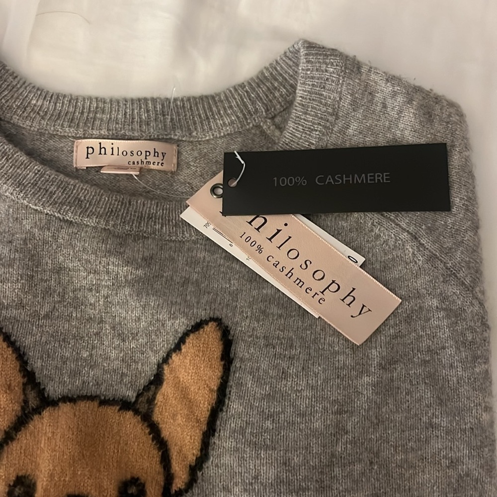 Philosophy Gray Cashmere Crewneck with Tan Dog Graphic - Picture 2 of 3